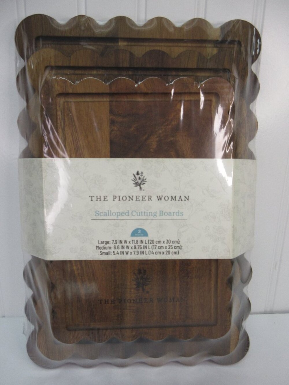 Pioneer Woman Scalloped Cutting Boards Kitchen Board 3pc Set Acacia Wood New